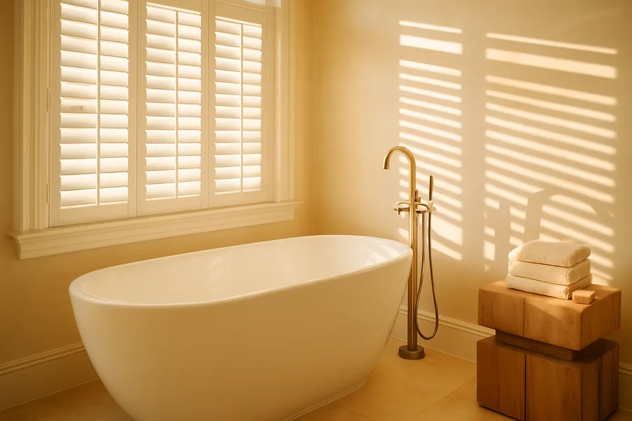 Moisture-proof white vinyl plantation shutters in a coastal bathroom