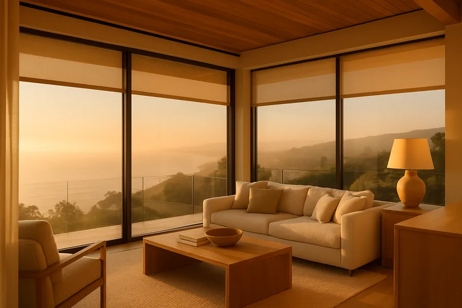 Coastal North County home with large windows and an ocean view