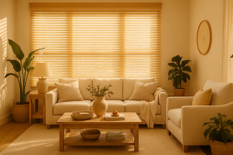 Custom blinds in a coastal family room