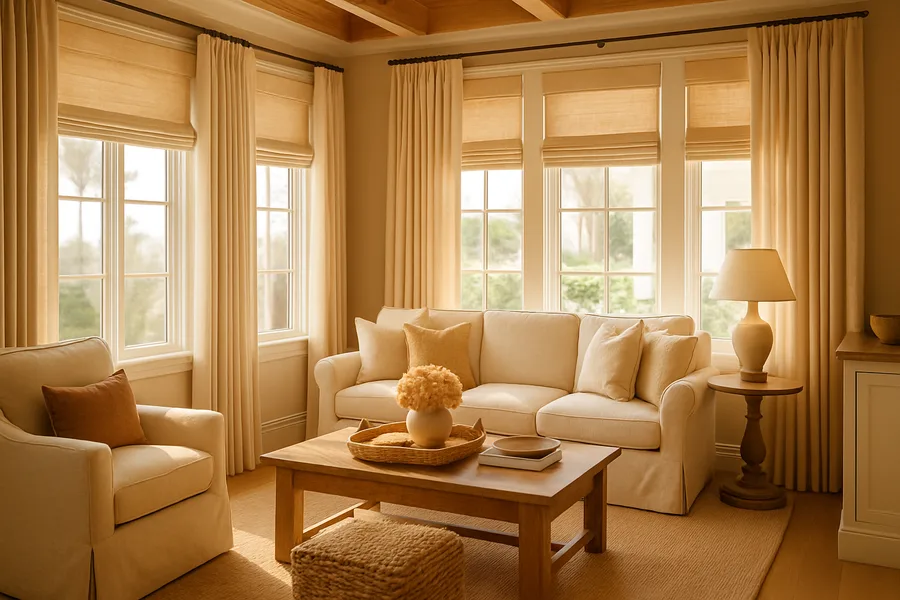 A finished North County San Diego living room with custom window treatments on every window