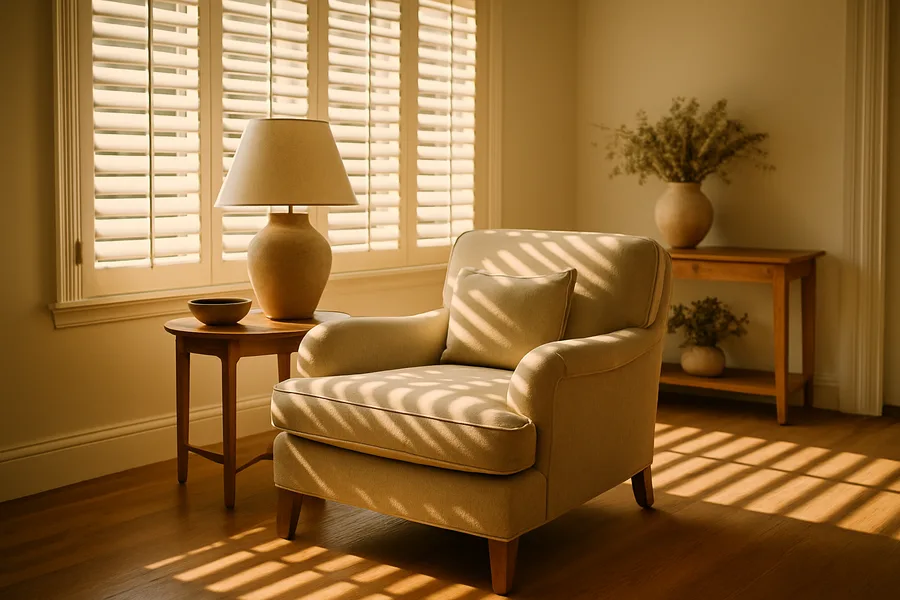 Sunlit living room with white plantation shutters