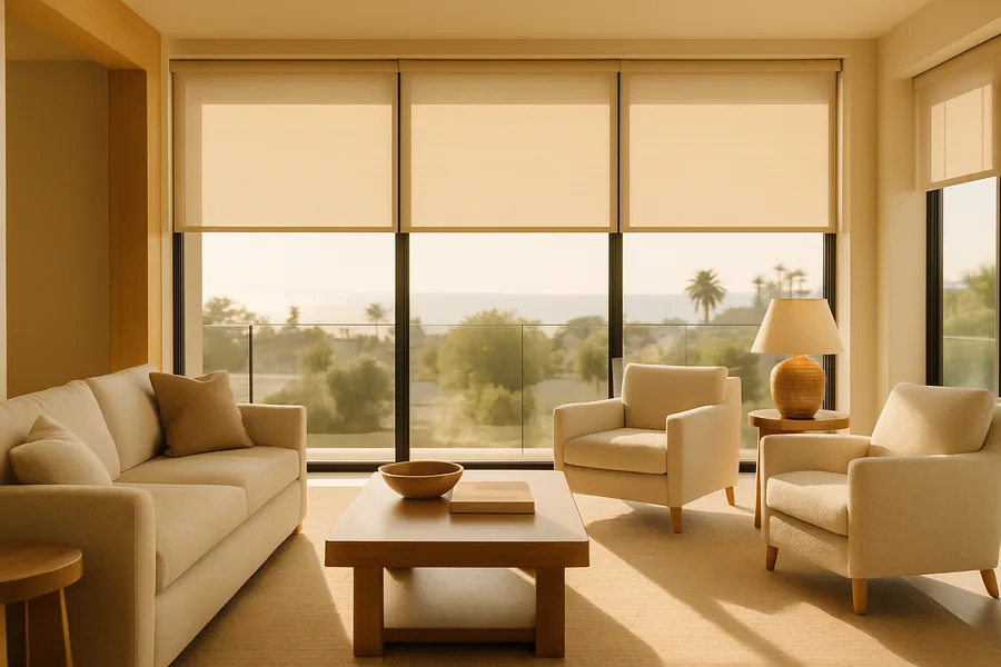 Motorized shades on floor to ceiling windows in a great room