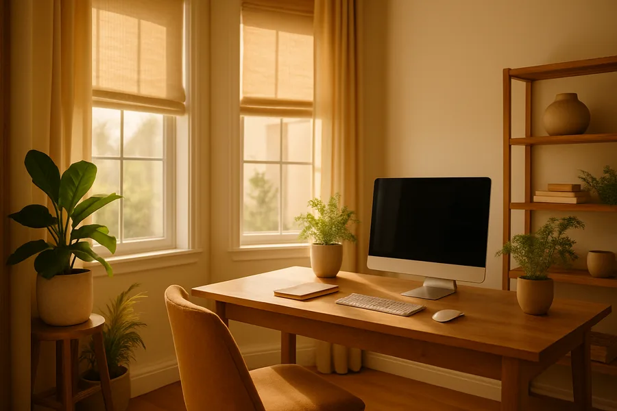 Home office with motorized shades at a comfortable half position