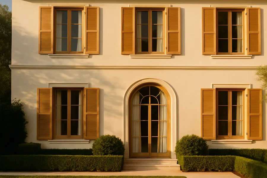 Tall custom shutters on estate windows in a North County San Diego home