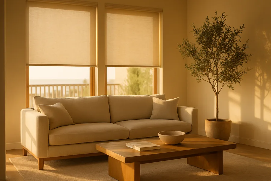 Custom roller shades in a Carlsbad living room