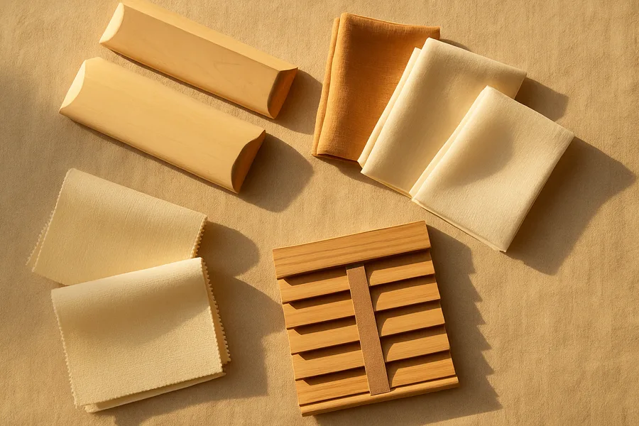 Wood shutter and fabric shade samples on a warm linen surface